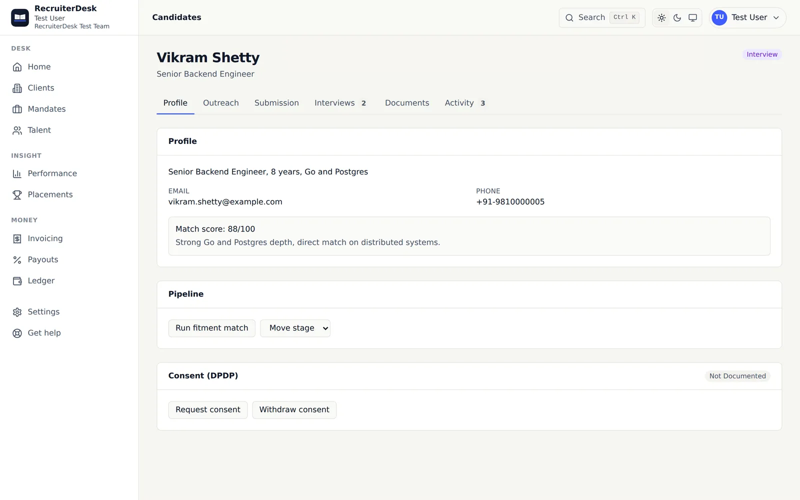 A candidate record with its fitment match score in RecruiterDesk.