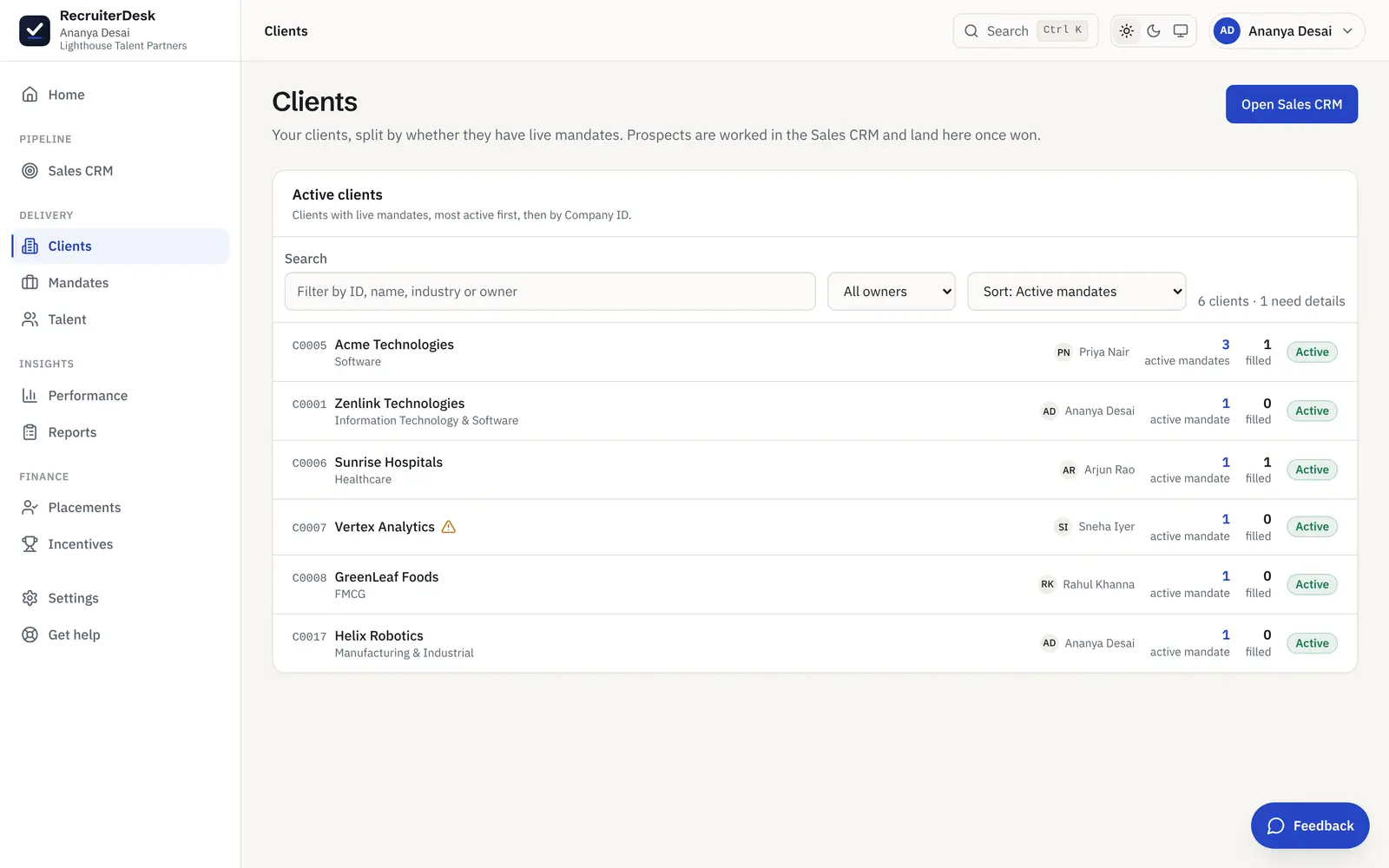 The clients view in RecruiterDesk, with every active client and its open mandates across the team.