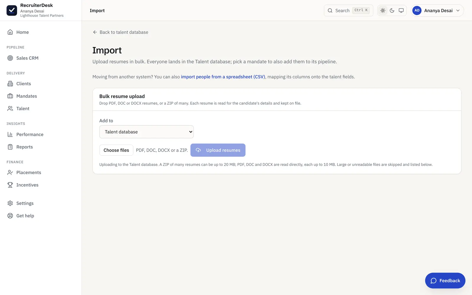The bulk resume import screen in RecruiterDesk, where a ZIP of CVs is read into candidate records.