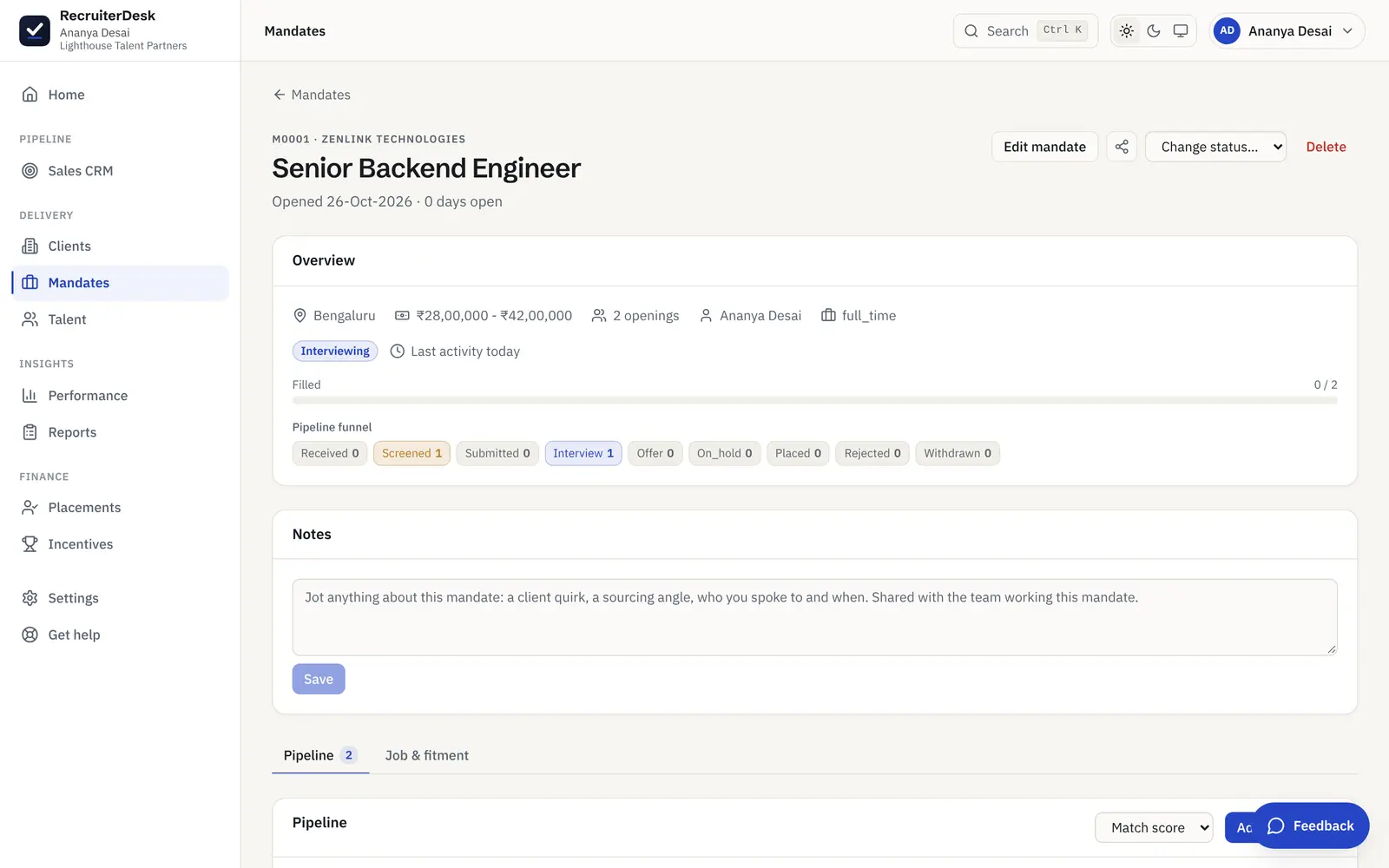 A mandate with its candidate pipeline in RecruiterDesk.