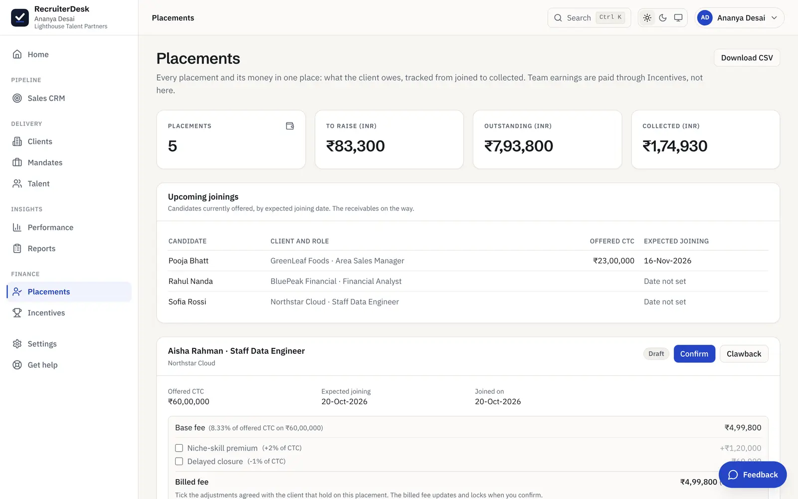 The Placements screen in RecruiterDesk, with the money summary of what is still to raise, outstanding and collected, and the upcoming joinings.