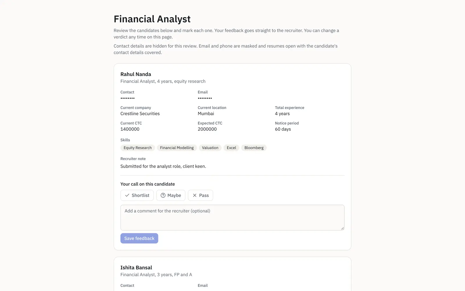 The review page in blind mode: a candidate card with the contact and email fields masked to dots, under a note that contact details are hidden for this review.