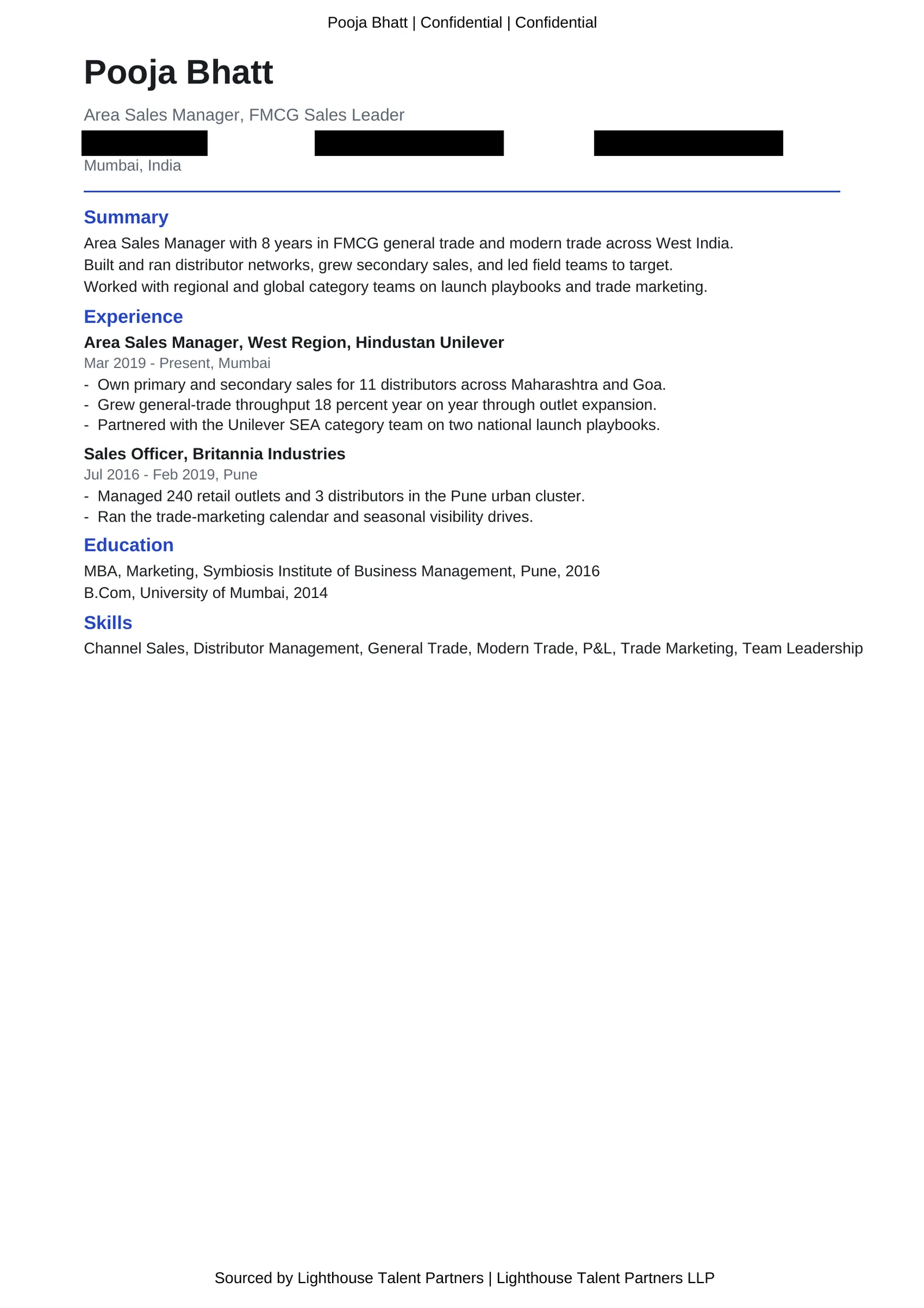 A shared resume with the candidate’s name kept and the phone, email and LinkedIn blacked out, a Confidential header on the page and a Sourced by the recruiting firm footer.