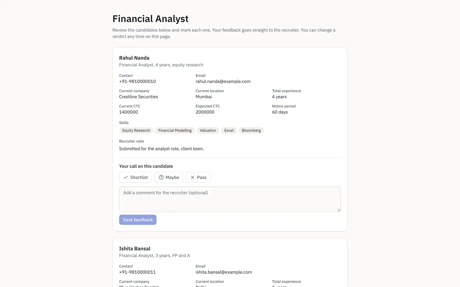 The no-login client shortlist review page: each candidate with a shortlist, maybe or pass verdict, a comment box and a view-resume button, shared straight with the recruiter.