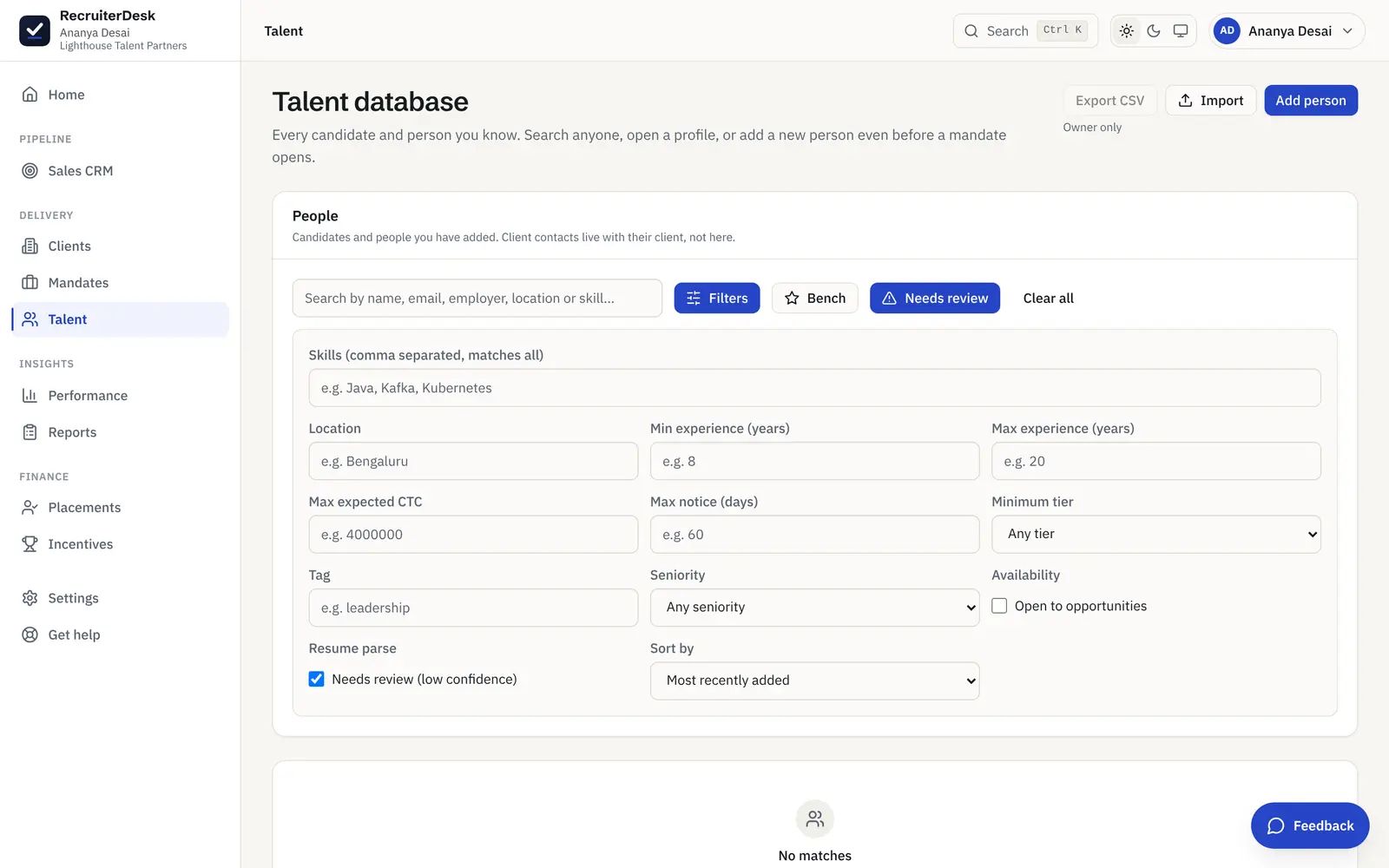 The talent database filtered to Needs review: the low-confidence resume-parse queue, with a Needs review badge on each flagged person.