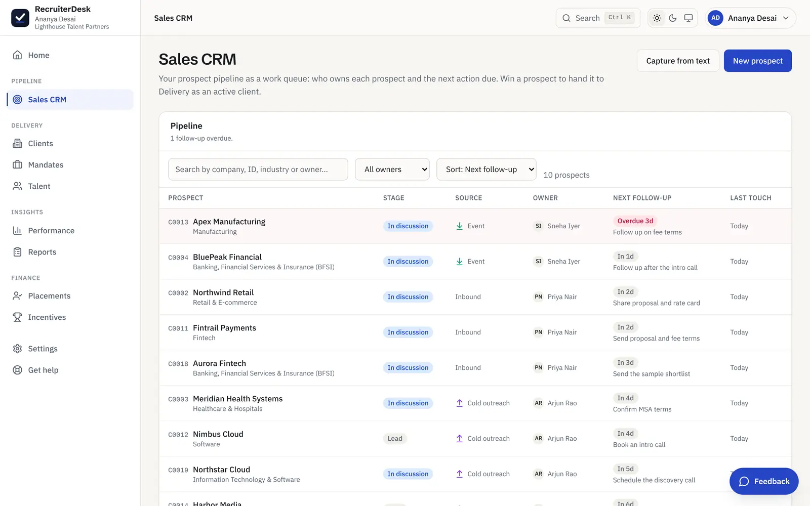 The Sales CRM in RecruiterDesk: a prospect pipeline sorted by follow-up, each with an owner and a next action.