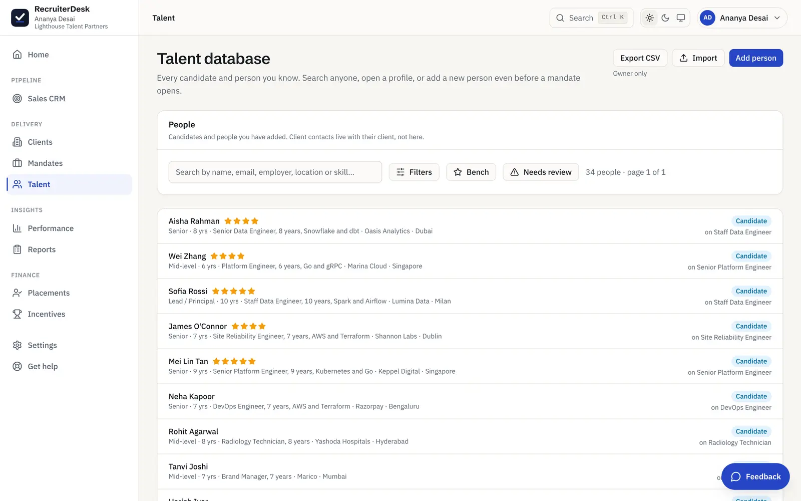 The talent database in RecruiterDesk, searchable by name, skill, employer or location, with a tier on each person.