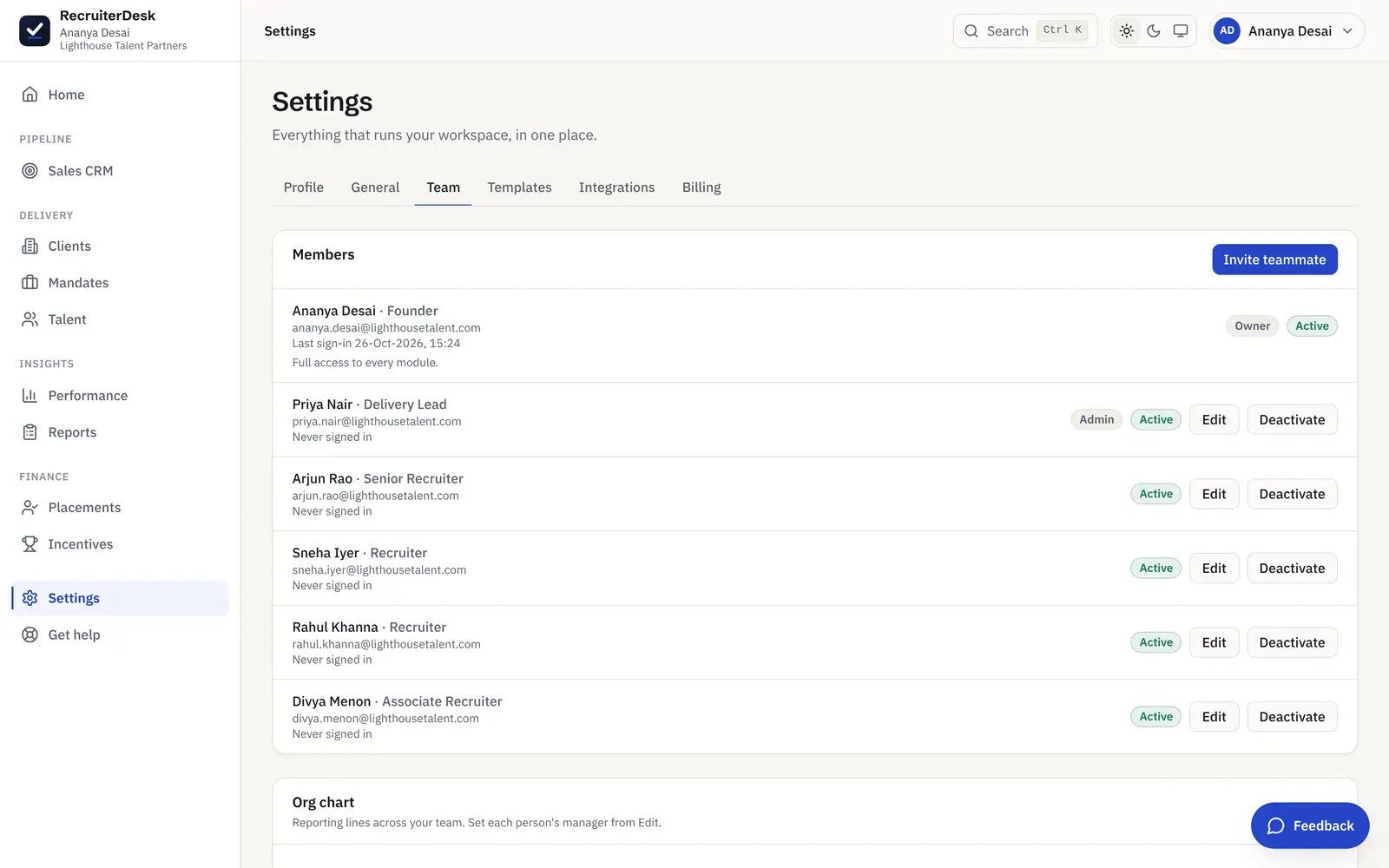 The Team settings in RecruiterDesk: members with their roles, an invite button and an org chart for reporting lines.
